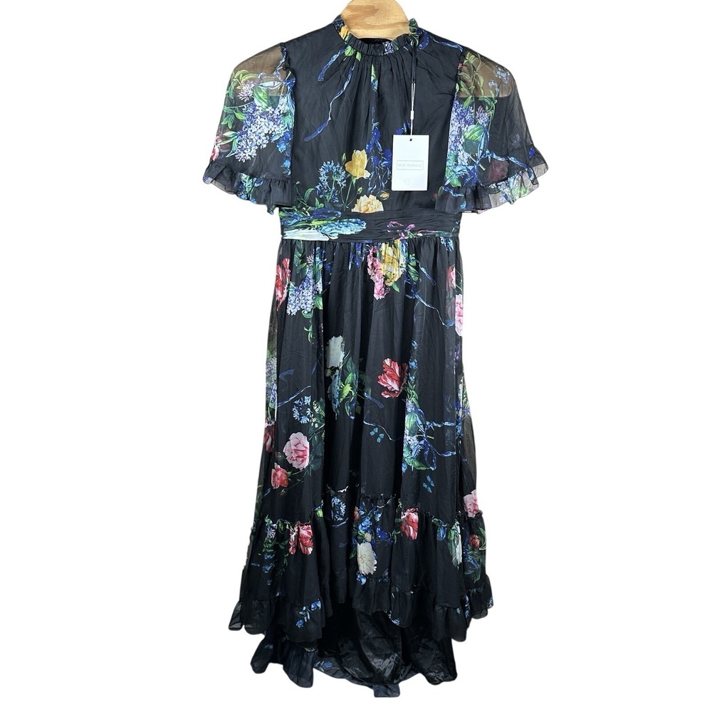 NEW Mac Duggal Black Floral Print Ruffled High Neck Flutter Sleeve Gown Size 14